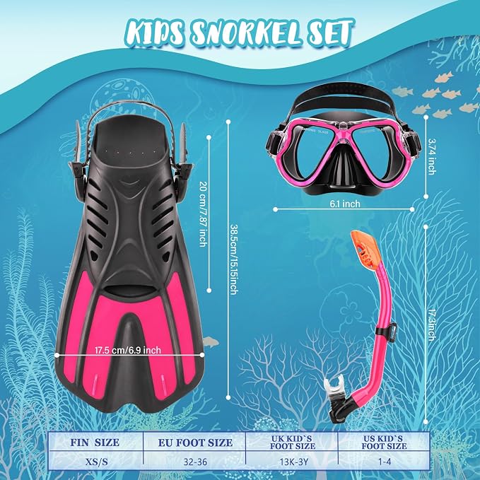 Snorkeling Gear for Kids, 4 in 1 Child Mask Fins Snorkel Set with Panoramic View Anti Fog Mask, Dry Top Snorkel, Trek Fins and Travel Bag, Kids Snorkeling Set with Fins for Snorkeling Swimming