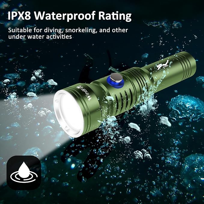 WINDFIRE Dive Light Scuba Diving Flashlight, IPX8 Waterproof 210 Feet Underwater Flashlight with Power Indicator & 4 Modes, Aluminum Submersible Torch for Deep Sea Diving and Snorkeling