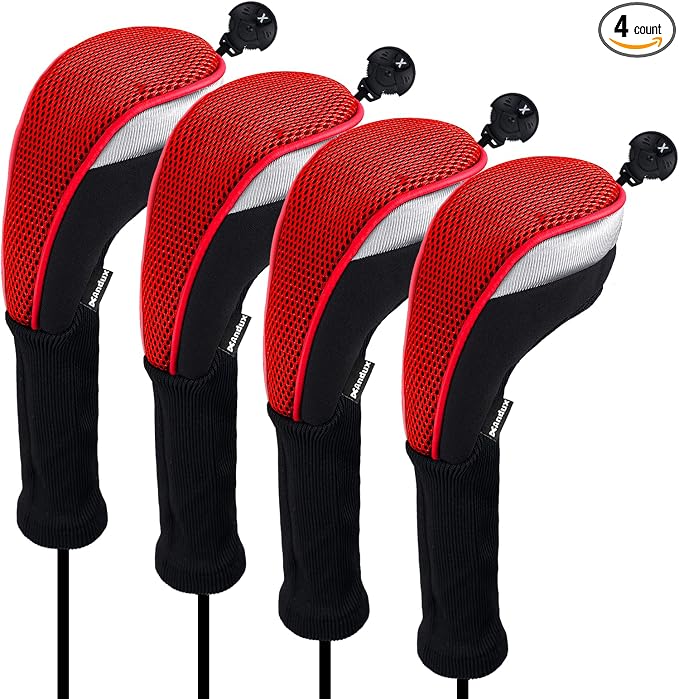 Andux 4pcs Long Neck Golf Hybrid Club Head Covers Dial No. Tag CTMT-02 | Mesh Breathable material | all the Same Size | Coloured Piping | Pull-On Closure