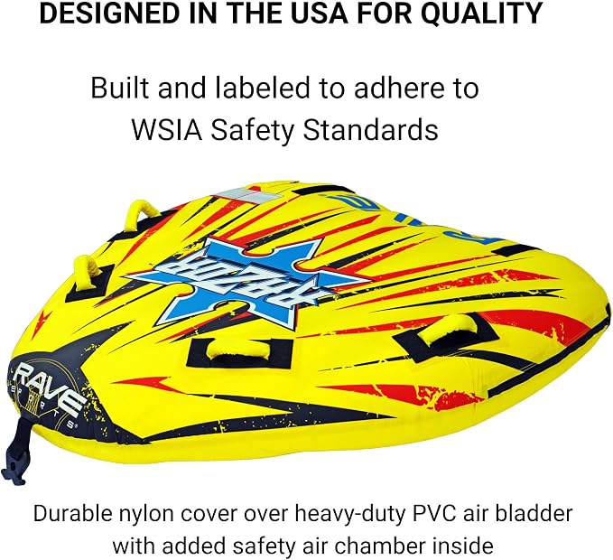 RAVE Sports Razor Inflatable Towable Tube, 1-2 Riders, Unique Skim-Fast Bottom Coating, Nylon Cover, Four Foam-Filled Reinforced Handles, Quick Connect Tow Point, Boat Tubes and Towables