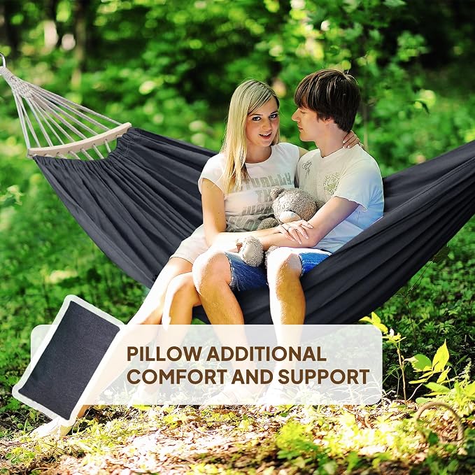Chihee Cotton Hammock Holds Up to 660lbs Fabric Hammock 8.9x4.9ft Soft Portable Tree Hammocks Camping with Detachable Spreader Bar Pillow 2 Strong Webbings 2 Carabiners Indoor Outdoor Backyard Garden
