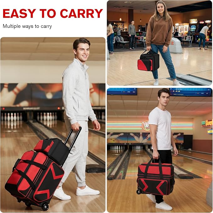 3 Ball Bowling Bags with Wheels and Shoes Compartment, Roller with Multipocket, 2 Ball Bowling Roller Bag + 1 Ball Color Matching Add On Tote (Red-Black)