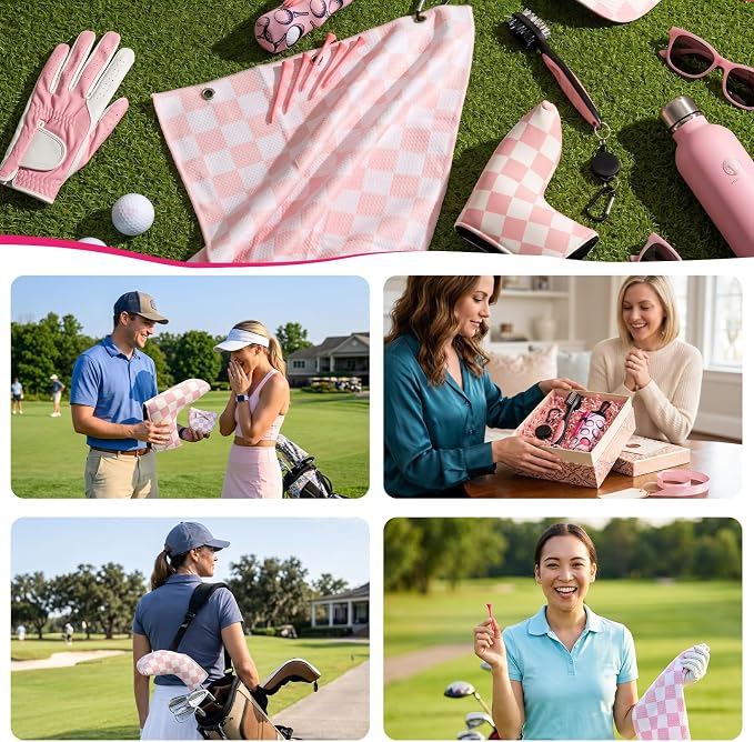 13 Pcs Pink Golf Accessories Kit, Checkered PU Leather Blade Putter Headcover, Water-Resistant & Easy-to-Clean, Magnetic Ball Marker, Tees, Divot Tool, Towel & Brush, Gift for Women Girls