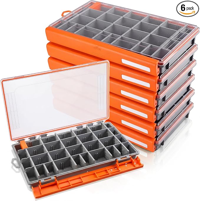 Junkin 6 Pack 3700 Fishing Tackle Boxes Waterproof, Large Orange Lure Organizer Trays with Custom Dividers, Airtight Tackle Storage Case for Saltwater Baits, Swimbaits & Boat Bag Accessories