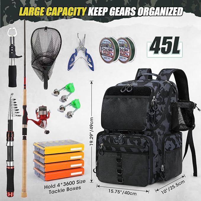 RAINSMORE 45L Fishing Backpack with Rod Holders & Rain Cover Large 900D Water-resistant Fishing Tackle Bag Store Fishing Gear