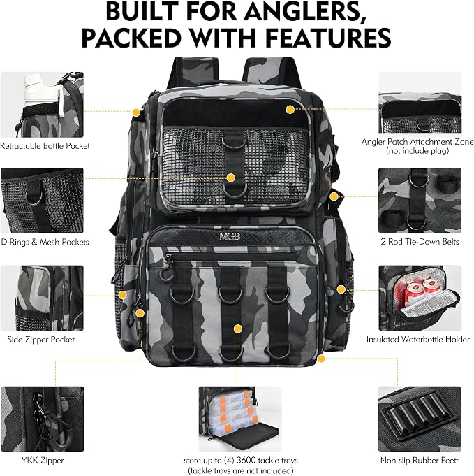 MGB 46L Water-resistant Fishing Tackle Backpack with Rod Holders
