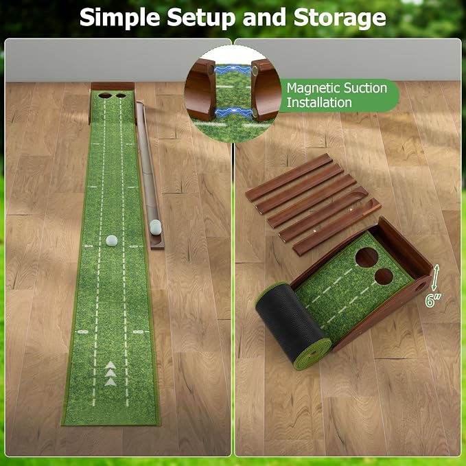 GYMAX Putting Mat, Golf Putting Green Indoor with 2/3 Hole, Golf Practice Mat with Auto Ball Return, Golf Training Aid Putter Alignment for Home Office, Golf Accessories Gift