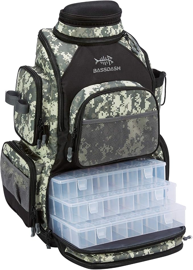 BASSDASH Fishing Tackle Backpack Water Resistant Tactical Bag Soft Tackle Box with Rod Holder and Protective Rain Cover