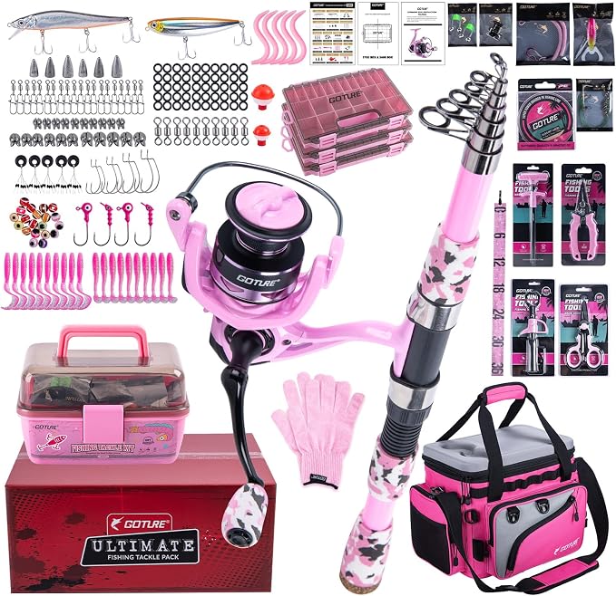 Goture Pink Fishing Rod and Reel Combos with Cooler Tackle Bag, 6FT-9FT Telescopic Fishing Pole with Spinning Reel,4 3600 Trays,Lures,Pliers,Travel Full Kit for Freshwater Saltwater, Women/Beginners