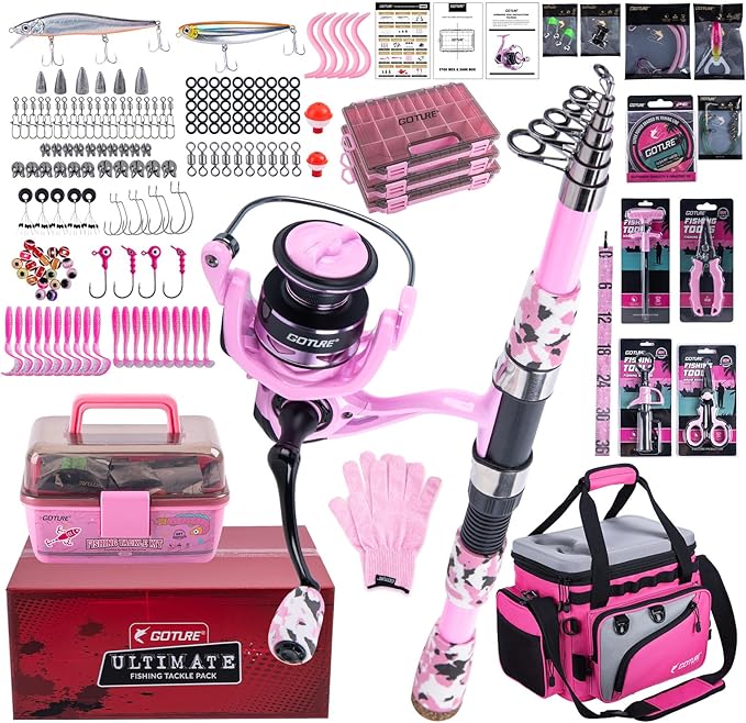 Goture Pink Fishing Rod and Reel Combos with Cooler Tackle Bag, 6FT-9FT Telescopic Fishing Pole with Spinning Reel,4 3600 Trays,Lures,Pliers,Travel Full Kit for Freshwater Saltwater, Women/Beginners