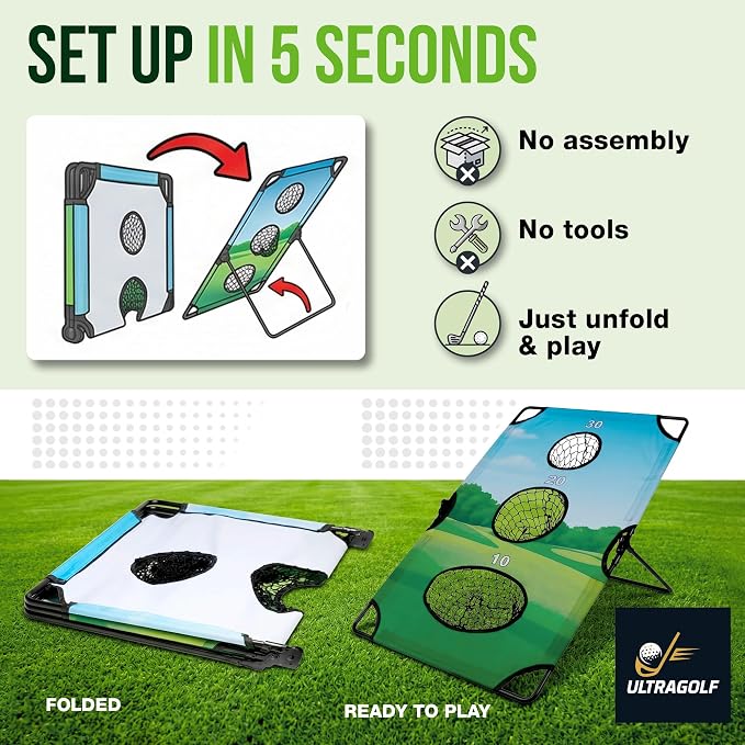2-in-1 Golf Cornhole Chipping Game Set for Adults, Families and Golf Lovers – Foldable Yard Game with Targets, Non-Slip Mats, Balls, Stakes – Portable Outdoor Lawn and Backyard Simulator