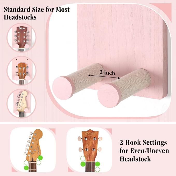 Keebofly 2-Pack Guitar Wall Mount Hanger with Shelf & Pick Holder - Wood Wall Hook for Acoustic, Electric, Bass Guitars, Ukulele (Screw-Mounted, Pink) [Patented]