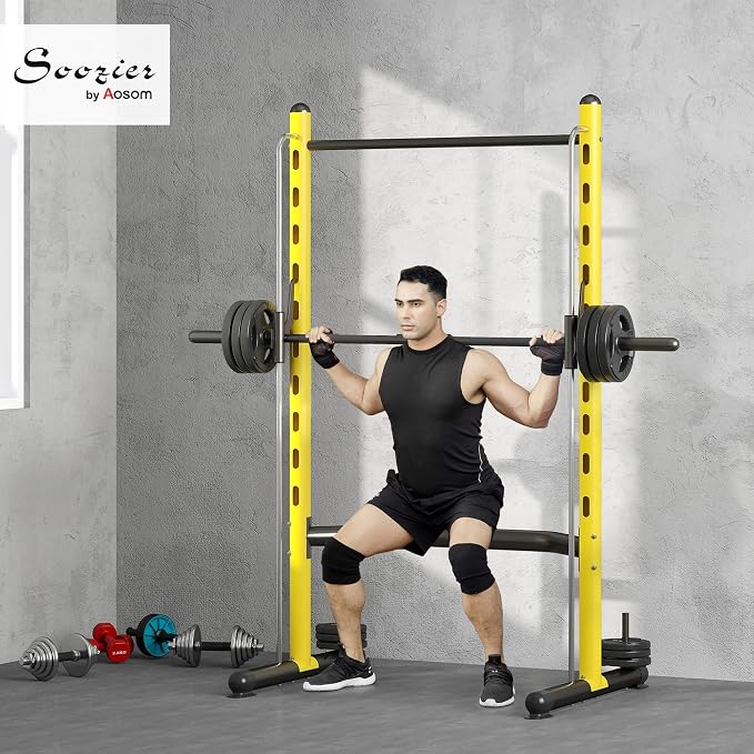 Soozier Squat Rack with Pull-Up Bar, Adjustable Power Rack with Barbell Bar, Multi-Functional Steel Bench Press Rack for Home Gym Strength Training, Black