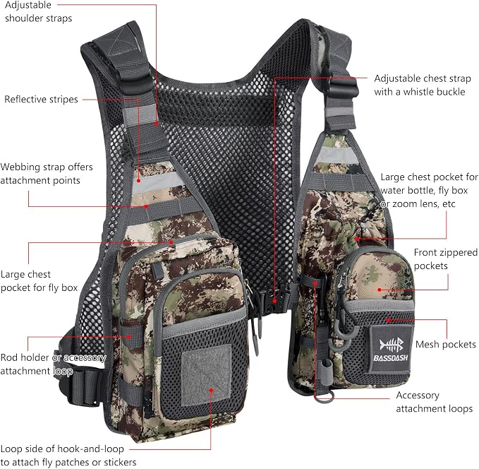 BASSDASH FV08 Ultra Lightweight Fly Fishing Vest for Men and Women Portable Chest Pack