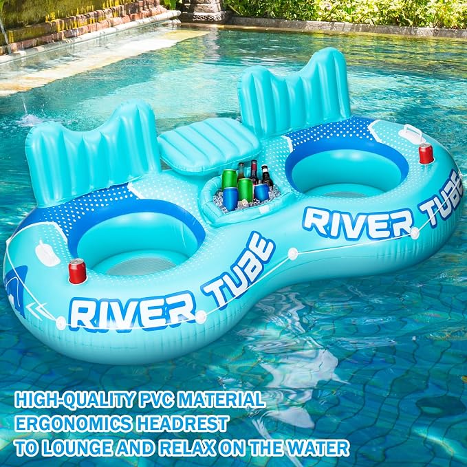 Pcs Inflatable River Tube Float, 2 Person Heavy Duty Pool Float with Built in Cooler, Ergonomic Backrest and Cup Holders for Adults, Lake Water Tubes for Floating Summer Relaxation