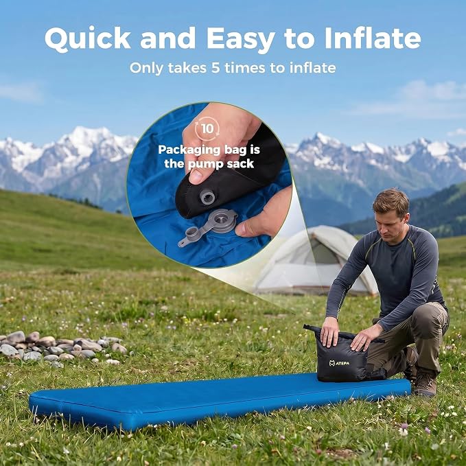 ATEPA ThermAir Pro Insulated Sleeping Pad for Backpacking, 6.6 R-Value 4” Thick Ultralight Quiet Camping Air Mattress with Pump Sack, Wide Long 77”x25”, 4-Season Sleeping Mat for Hiking Travel