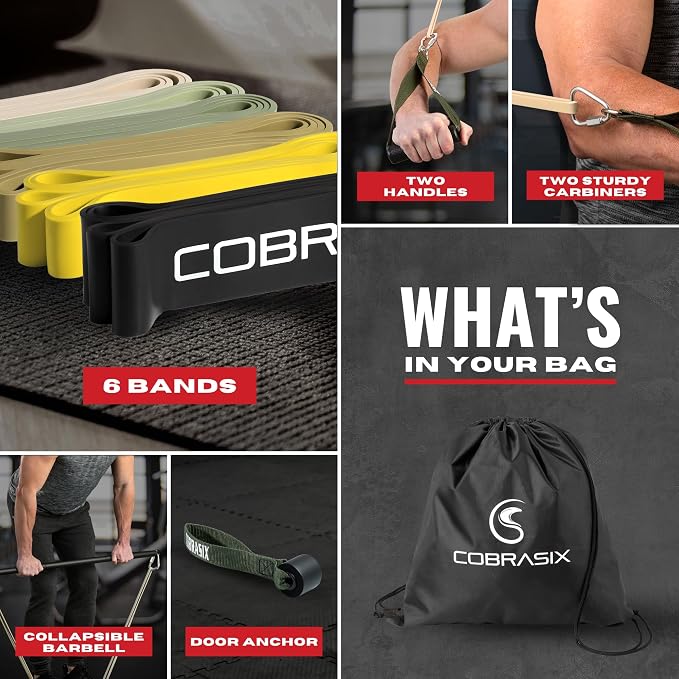 COBRASIX Long Resistance Bands for Working Out | Set of 6 Exercise Bands for Full-Body Training | Pull Up Bands for Home Gym with Handles, Door Anchor and Bar Options | for Men & Women