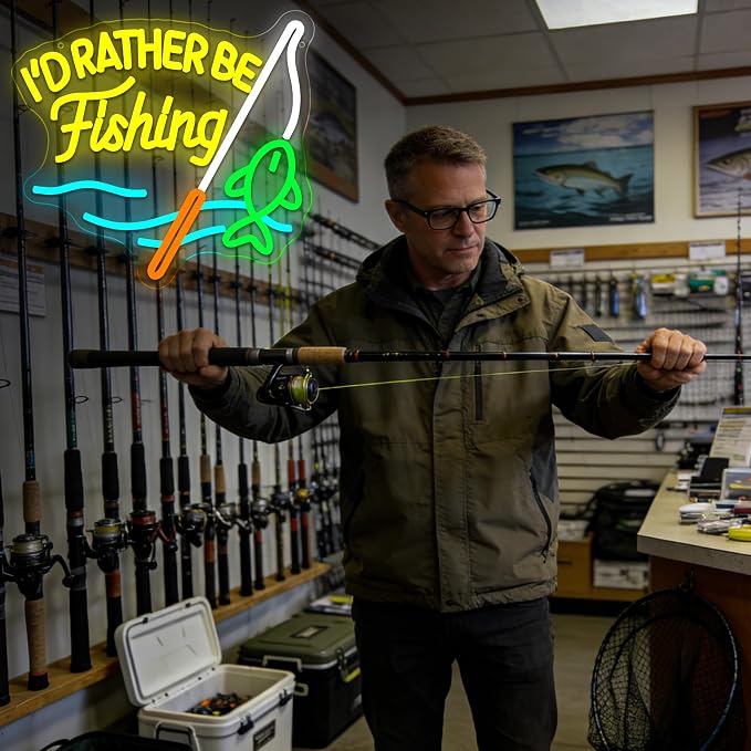 I'd Rather Be Fishing Neon Sign for Wall Decor Fishing Neon Light Man Cave | Dimmable Neon,Fisherman Birthday Fishing Gifts,Led 5V USB Powered,Fishbowl,Fish Room Decor,Business Shop Wall Art,13.3*12.2in