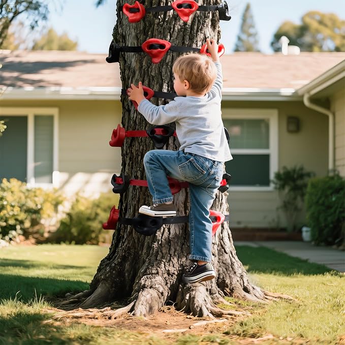 TOPNEW 18 Ninja Tree Climbing Holds for Kids Climber, Red & Black Tree Climbing Kit with 6 Ratchet Straps for Outdoor Ninja Warrior Obstacle Course Training