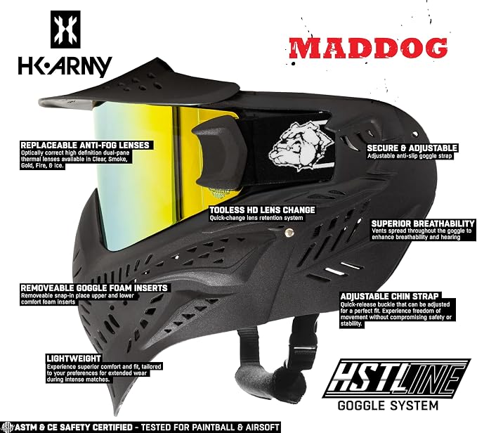 Maddog HK Army HSTL Paintball Airsoft Mask Goggle System | Replaceable Thermal Dual-Pane Anti Fog Lens | Adjustable Full-Face Safety Certified Protection