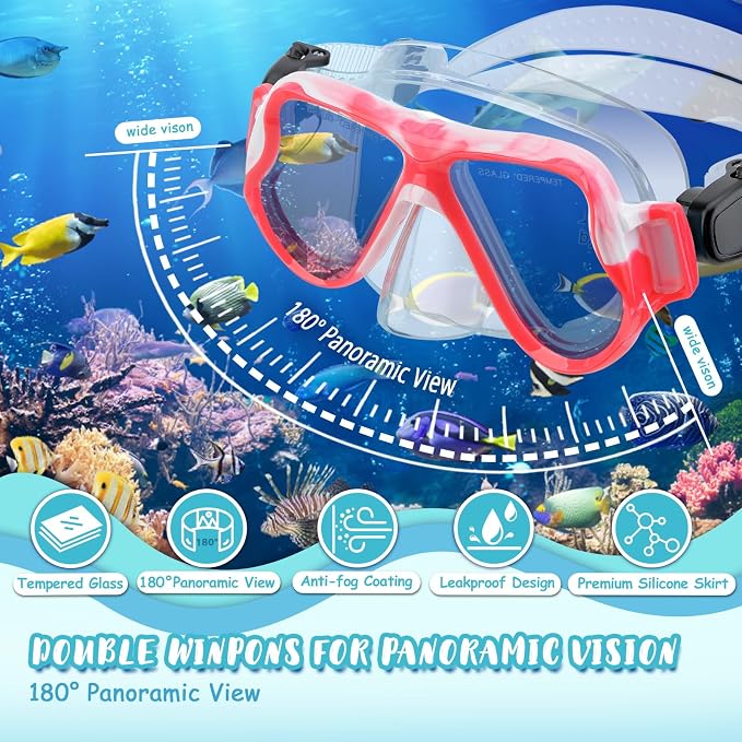 Snorkeling Gear for Kids, 4 in 1 Child Mask Fins Snorkel Set with Panoramic View Anti Fog Mask, Dry Top Snorkel, Trek Fins and Travel Bag, Kids Snorkeling Set with Fins for Snorkeling Swimming