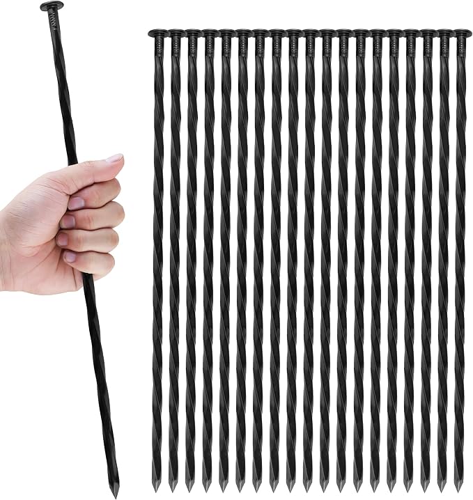 16 Inch Spiral Landscape Stakes, 25 Pack Heavy Duty Metal Ground Anchor Spikes for Paver Edging, Weed Barrier, Camping Tent