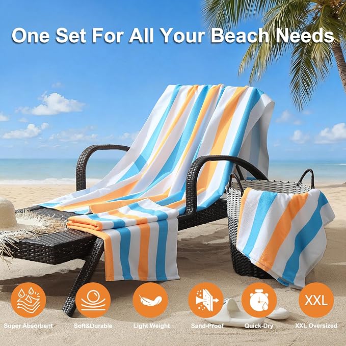 Jessy Home 4 Pack Striped Oversized Beach Towel Set, 40x70 Inch Microfiber Sandproof Quick Dry Super Soft Swim Towels, Absorbent Stylish Pool Towels, Swim Cover Up for Beach Vacation Travel