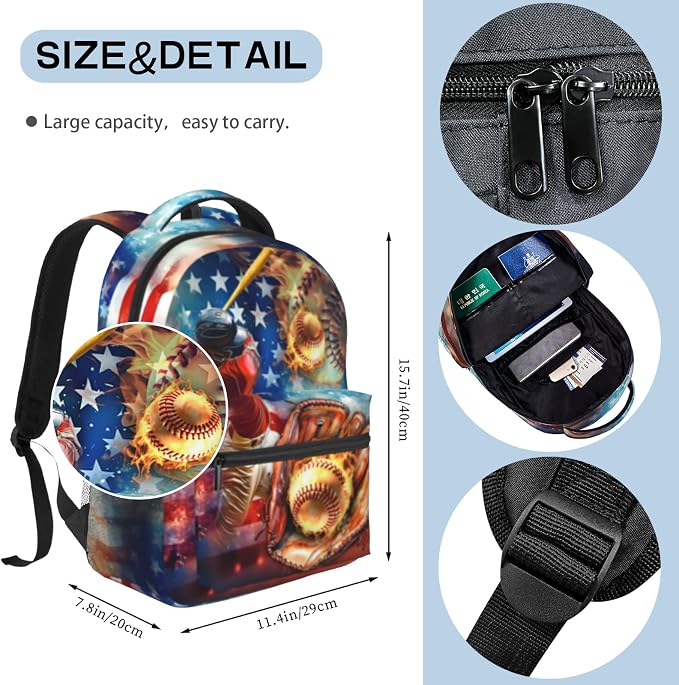 Baseball School Backpack for Boys Sports American Flag Baseball Boys Backpack for Kids Children Teens Ages 6-18 Elementary Middle School Students Bookbag Travel Back Pack