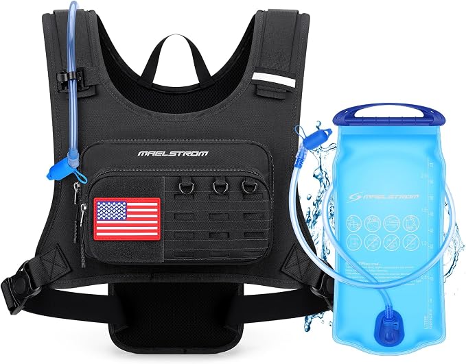 Maelstrom Hydration Vest with 2L Water Bladder Backpack for Running Hiking | Chest Pack, BPA-free, High Flow Bite, Reflective Stripe, Helmet Buckle, Detachable, Breathable Pad, for Cycling, Marathon