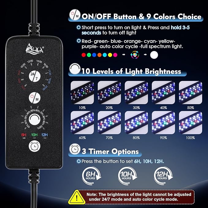 AQQA LED Aquarium Light 72W for 48-55 Inch Fish Tank, 24/7 Mode&DIY Mode Full Spectrum Fish Tank Light, IP68 Waterproof High Lumen Aquarium Plant Light, Adjustable Brightness/Timer, Memory Function