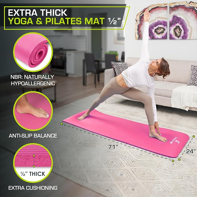 ProsourceFit Extra Thick Yoga and Pilates Mat 1/2” (13mm) or 1" (25mm), 71-inch Long High Density Exercise Mat with Comfort Foam and Carrying Strap