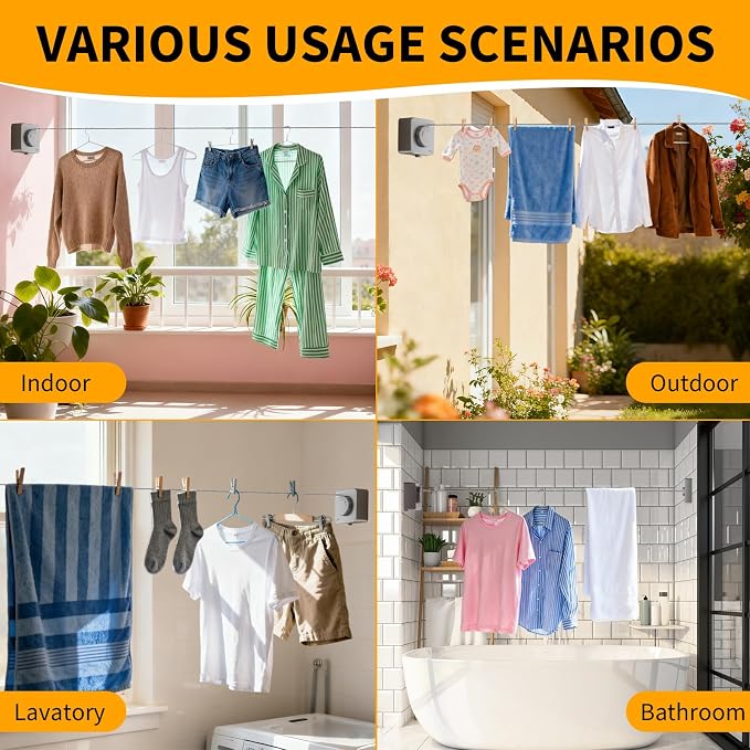 Anti-Sag Retractable Clothesline 40LB Capacity - 201in Stainless Steel Laundry Line for Indoor Outdoor, Wall Mounted Space Saving Easy Install (White, Single line)