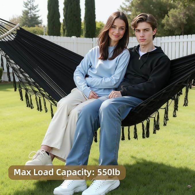 Portable Double Hammock, Hanging Hammock with Tassels and Fishtail Knitting, 550LB Capacity, 320GSM Hanging Bed with Set Full Accessories for Outdoor Camping Patio Balcony Black