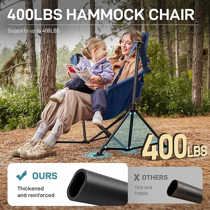 EVER ADVANCED Hammock Camping Chair, Oversized Heavy Duty Swing Chair with Detachable Cup Holder, Portable Folding Rocking Camping Chair, Support Up to 400lbs, Blue