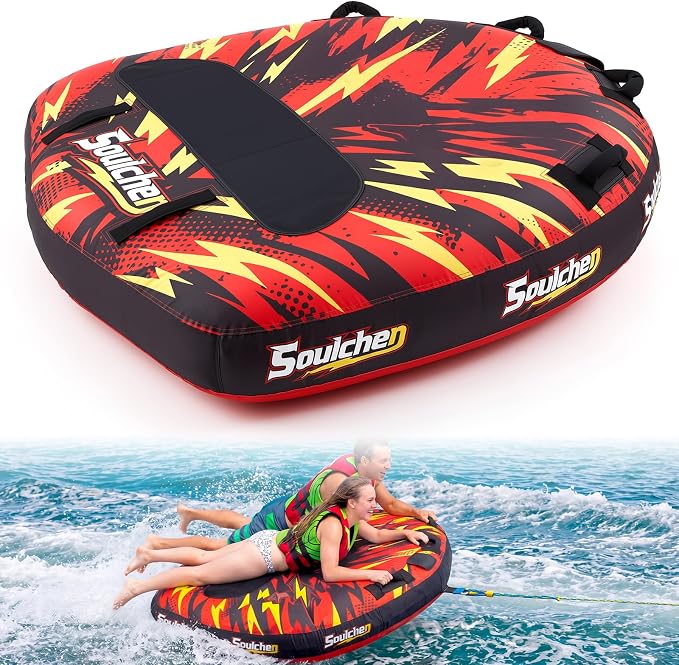 Soulchen Thriller Style Inflatable Towable Tube for Boating, 1-2 Rider Models Water Tubing Tube Full Nylon Cover for Water Sports, Safety Speed Valve for Easy Inflating Deflating