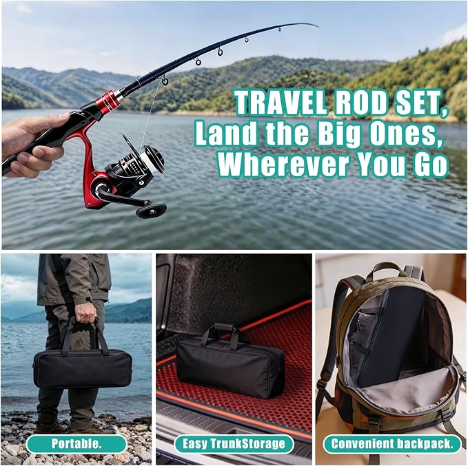 Fishing Rod and Reel Combo Kit, 2PACK Carbon Fiber Telescopic Fishing Pole | 2PACK Portable Spinning Reel Set with Lures,Lines,and Carry Bag for Travel Outdoor Fishing