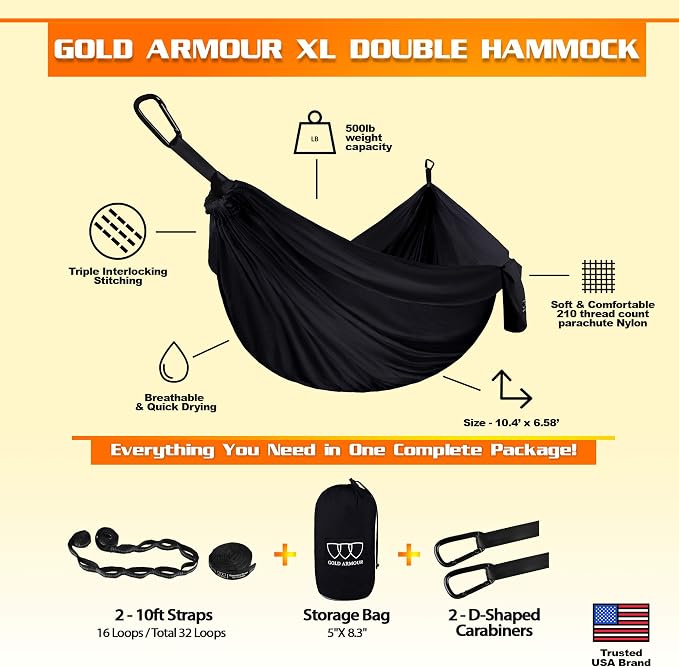 Gold Armour Camping Hammock - XL Double Hammock Portable Hammock Camping Accessories Gear for Outdoor Indoor with Tree Straps, USA Based Brand (Midnight Black)