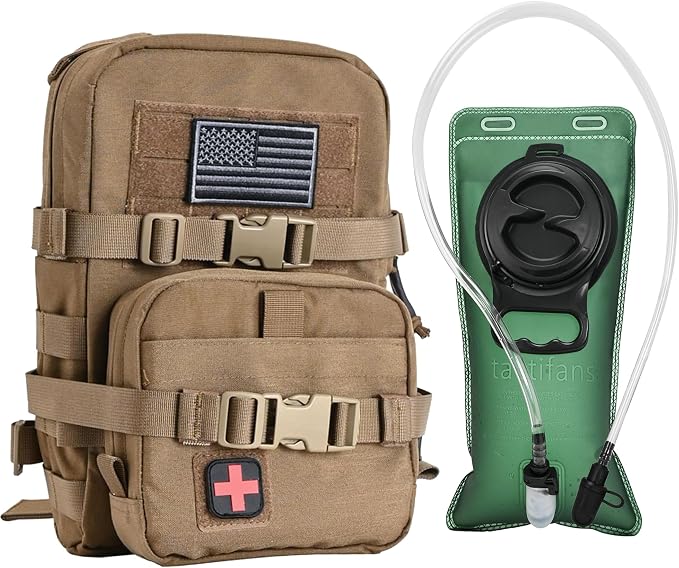 Tactical Mini Molle Hydration Pack,Molle Hydration Carrier with IFAK Pouch&US Flag&Med Patch,Hydropack for 2L Water Bladder