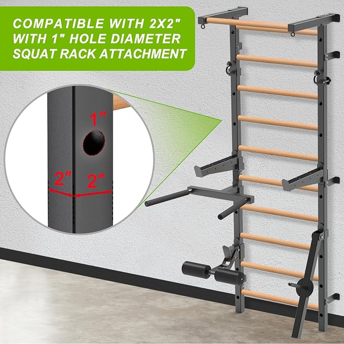 Swedish Stall Bars 2"x2" with 1" Holes, Wall Mounted Wood Gym Ladder for Suspension Training, Home Gym, Calisthenics, Physical Therapy, School & Clinic