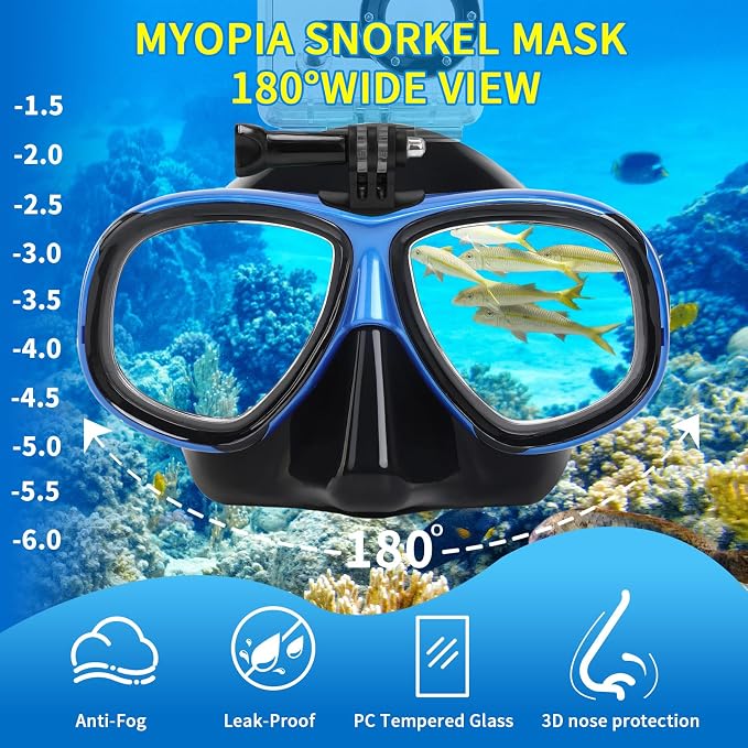Nearsighted Snorkeling Gear for Adults Youth, Professional Shortsighted Full Dry Top Silicone Snorkel Set, Anti-Fog Diving Mask with Detachable Camera Mount for Scuba Diving, Spearfishing, Freediving