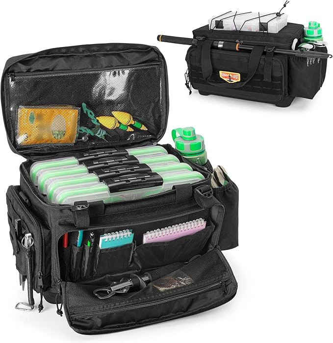 GOBUROS Waterproof Fishing Tackle Bag with Waterproof EVA Bottom (No Tackle Boxes in Package), Soft Tackle Box Storage Bag with Rod Holder, Pliers Storage for Fishing