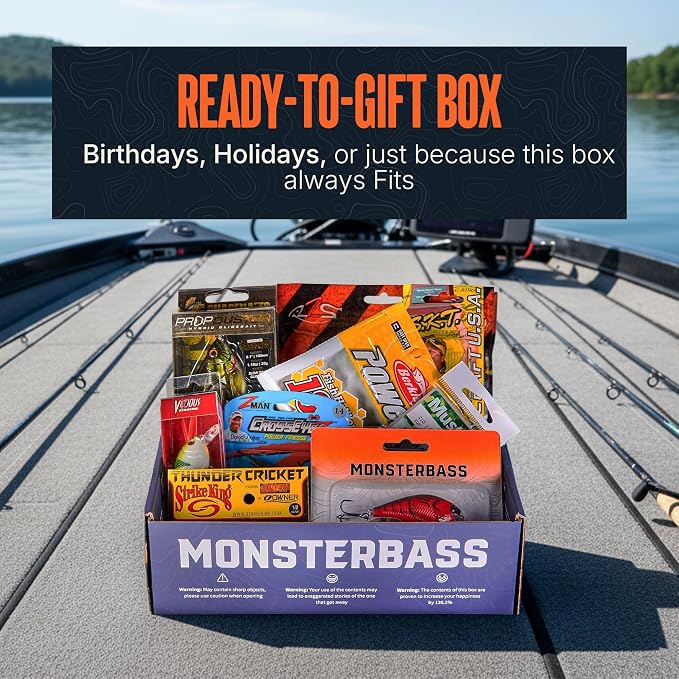 MONSTERBASS Fishing Mystery Box, Freshwater Bass Fishing Kit with 7+ Lures | Biggest Tackle Mystery Box with Premium Gear for Catching Smallmouth and Largemouth Bass on Every Fishing Trip