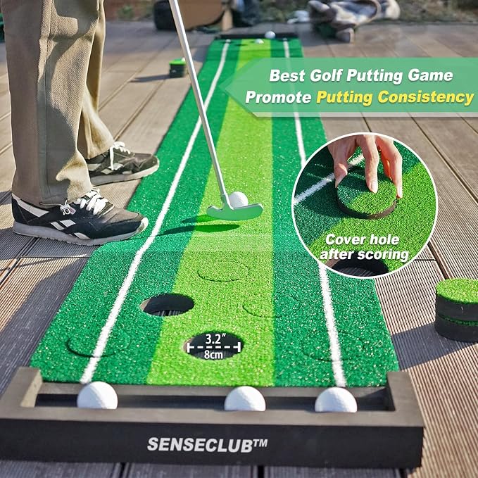 SENSECLUB Indoor Putting Green, Foldable Putting Mat Golf Game Set, Golf Gifts for Men with Ball-Collect System