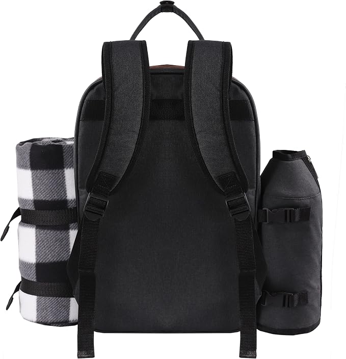 ALLCAMP OUTDOOR GEAR Picnic Backpack for 2 Person Set W/Detachable Bottle/Wine Holder, Fleece Blanket, Plates and Cutlery Set (Black)