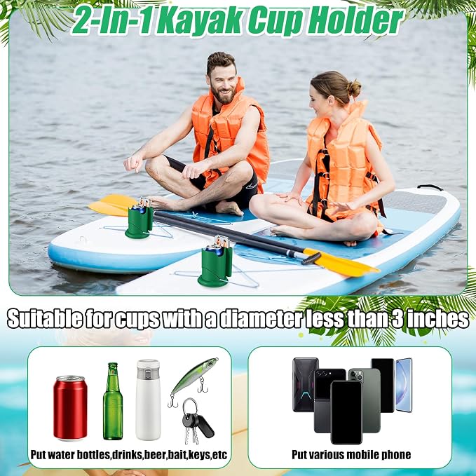 2 Pcs Paddleboard Cup Holder 2-in-1 Paddle Board and Kayak Drink and Phone Holder Paddle Board Accessories for Surfboards, Canoes, Sups, Kayaks, Boats (Green)