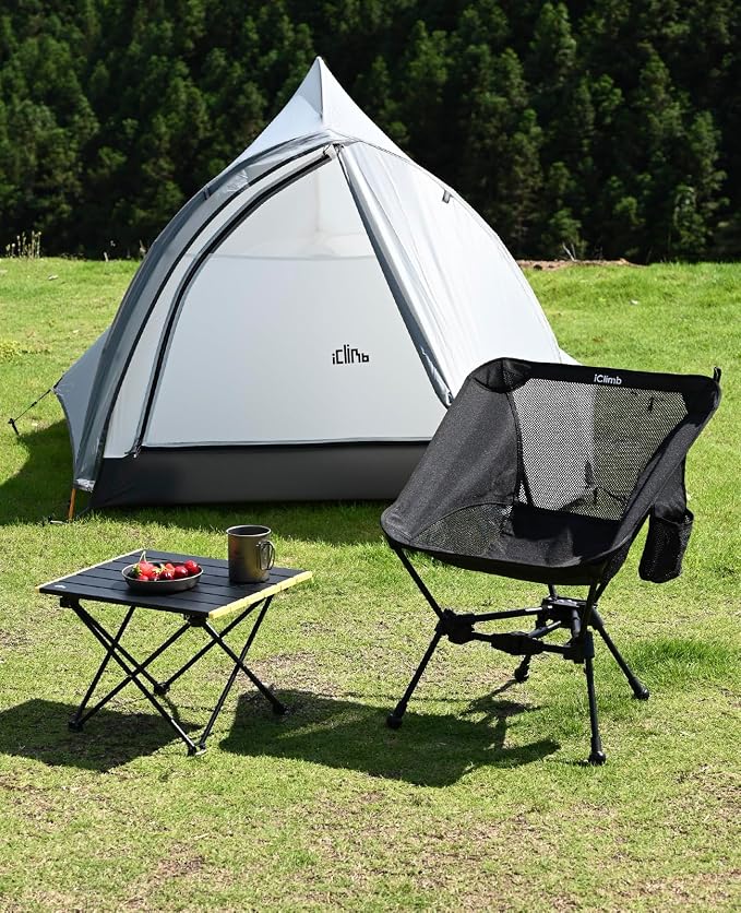 iClimb Ultralight Compact Camping Folding Beach Chair with Anti-Sinking Large Feet and Back Support Webbing (Black - Triangular Frame)