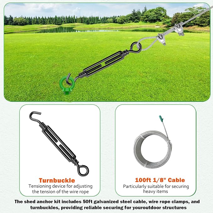8 Pack 18" Spiral Ground Anchors Kit, Fully Welded Earth Anchors with 100 FT 1/8" Galvanized Cable, 8 Turnbuckles, Wire Rope Clips & Drill Adapter, Tie Down Kit for Shed Trampoline (Green)
