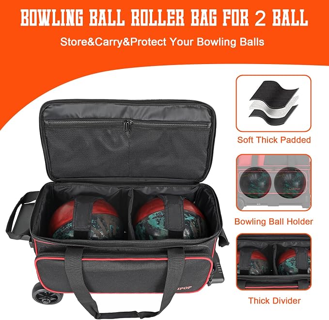 LARIPOP 2 Ball Bowling Roller Bag, Wheeled Bag with Shoe Compartment, Telescopic Handle & Padded Protection for Men Women
