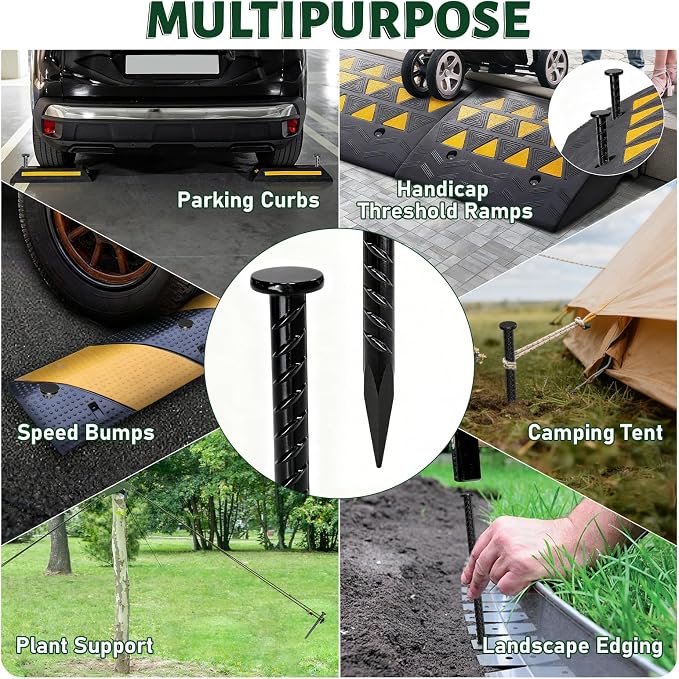 14 Inch Rebar Stakes 1/2" Heavy Duty Ground Anchors for Asphalt (10 Pack) | Metal Spikes with 45° Chisel Point & Black Powder Coating for Speed Bumps, Parking Curbs, Landscape Timbers and Camping Tent