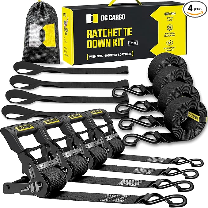 DC Cargo Mall Ratchet Straps Tie Downs 4 Pack (5,000 LB Break Strength) 1.5" x 8 Feet Tie Down Straps with Safety Lock S Hooks for Cargo, Trucks, Appliances, Moving